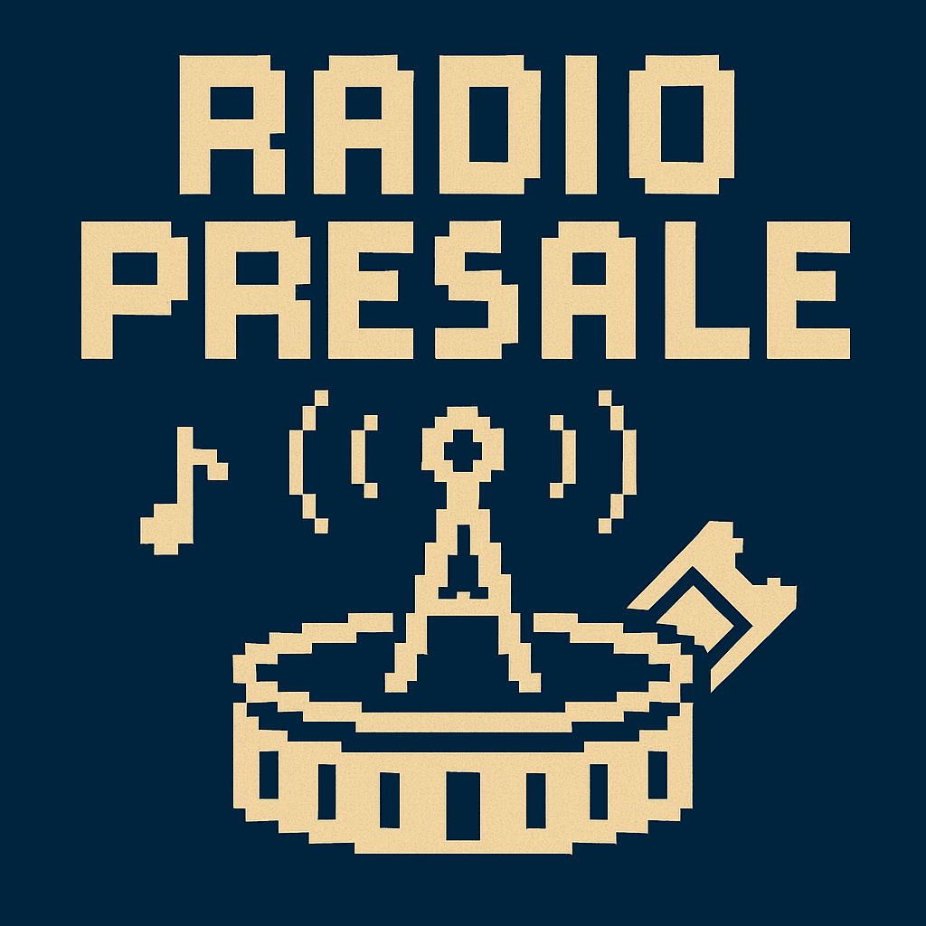 A stadium with a radio tower broadcasting presale codes to fans.